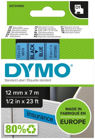 Dymotape D1 12mm zwart op blauw 45016 