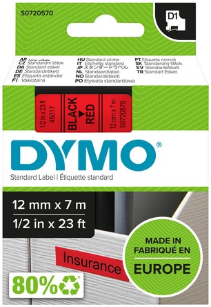 Dymotape D1 12mm zwart op rood 45017