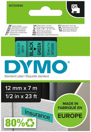 Dymotape D1 12mm zwart op groen 45019