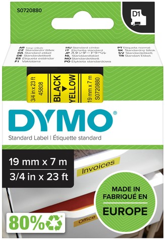 Dymotape D1 19mm zwart op geel 45808