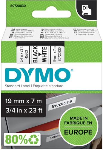 Dymotape D1 19mm zwart op wit 45803