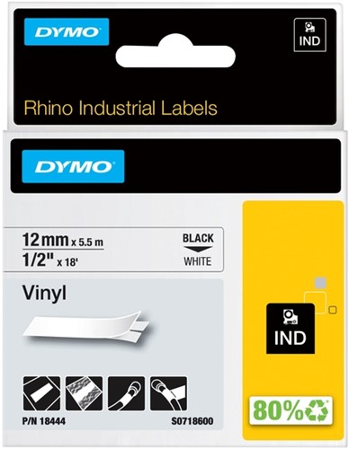 Dymotape Rhino Vinyl 12mm zwart op wit 18444