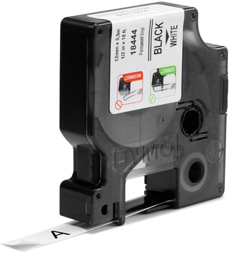 Dymotape Rhino Vinyl 12mm zwart op wit 18444-2