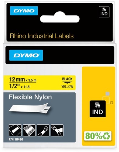 Dymotape Rhino Flexibel nylon 12mm zwart op geel 18490