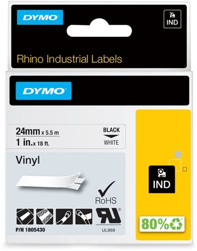 Dymotape Rhino Vinyl 24mm zwart op wit 1805430