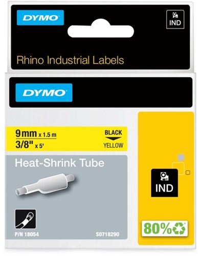 Dymotape Rhino Krimpkous  9mm zwart op geel 18054