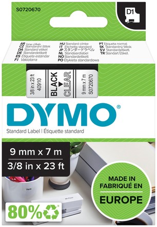 Dymotape D1  9mm zwart op transparant 40910