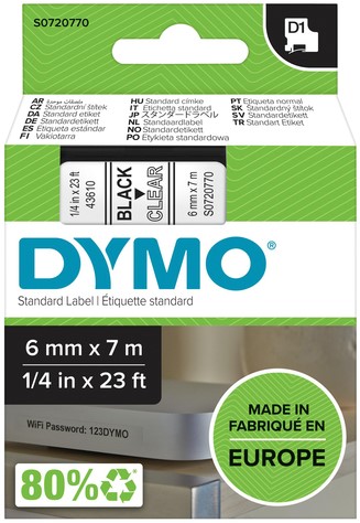 Dymotape D1  6mm zwart op transparant 43610