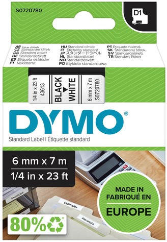 Dymotape D1  6mm zwart op wit 43613