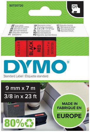 Dymotape D1  9mm zwart op rood 40917