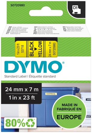 Dymotape D1 24mm zwart op geel 53718