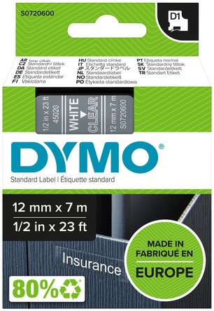 Dymotape D1 12mm wit op transparant 45020