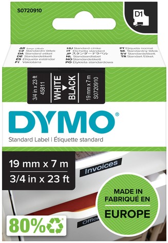 Dymotape D1 19mm wit op zwart 45811