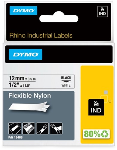 Dymotape Rhino Flexibel nylon 12mm zwart op wit 18488