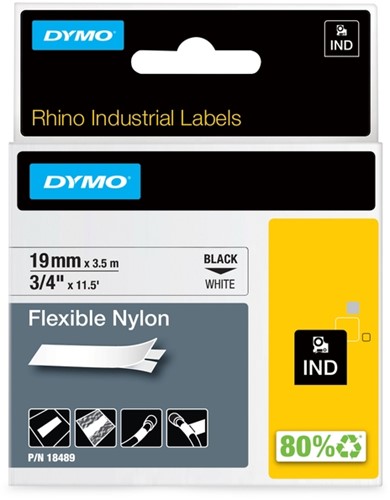 Dymotape Rhino Flexibel nylon 19mm zwart op wit 18489
