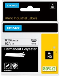 Dymotape Rhino Permanent polyester 12mmx5,5m zwart op wit 18483