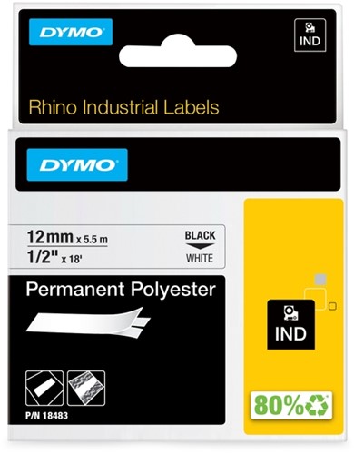 Dymotape Rhino Permanent polyester 12mmx5,5m zwart op wit 18483