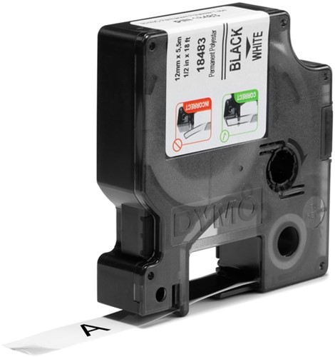 Dymotape Rhino Permanent polyester 12mmx5,5m zwart op wit 18483-2