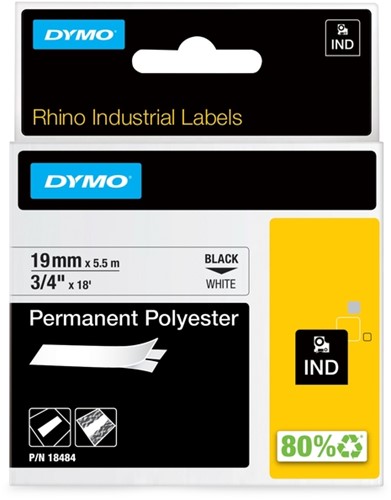 Dymotape Rhino Permanent polyester 19mmx5,5m  zwart op wit 18484