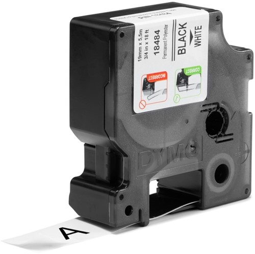 Dymotape Rhino Permanent polyester 19mmx5,5m  zwart op wit 18484-2