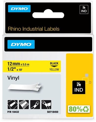 Dymotape Rhino Vinyl 12mm zwart op geel 18432