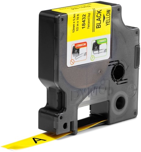 Dymotape Rhino Vinyl 12mm zwart op geel 18432-2