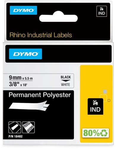 Dymotape Rhino Permanent polyester  6mmx5,5m zwart op wit 1805442