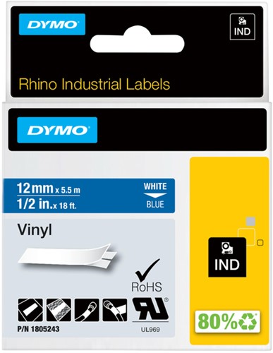 Dymotape Rhino Vinyl 12mm wit op blauw 1805243
