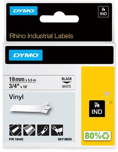 Dymotape Rhino Vinyl 19mm zwart op wit 18445