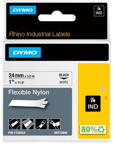 Dymotape Rhino Flexibel nylon 24mm zwart op wit 1734524
