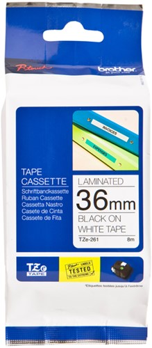 Brothertape TZE-261 36mm zwart op wit 