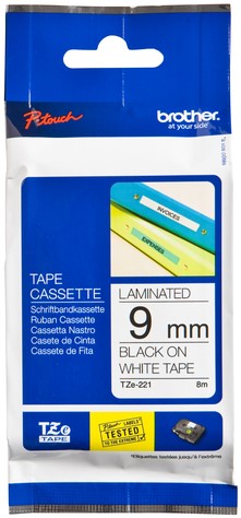 Brothertape TZE-221  9mm zwart op wit 