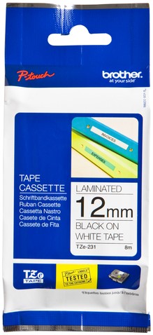 Brothertape TZE-231 12mm zwart op wit 