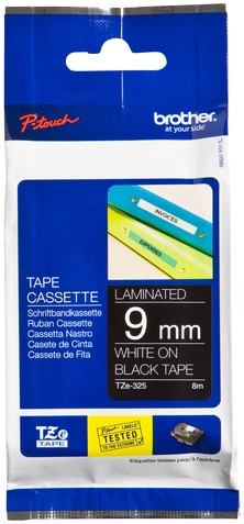 Brothertape TZE-325  9mm wit op zwart 
