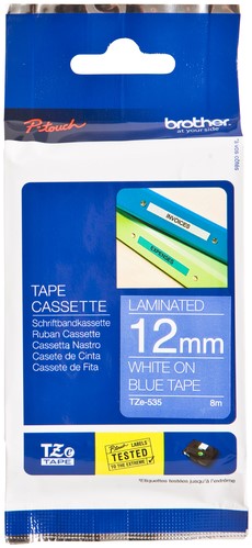 Brothertape TZE-535 12mm wit op blauw 