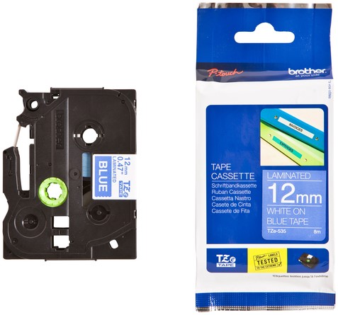 Brothertape TZE-535 12mm wit op blauw -3