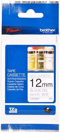 Brothertape TZE-N231 12mm zwart op wit niet gelamineerd