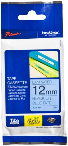 Brothertape TZE-531 12mm zwart op blauw 