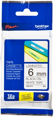 Brothertape TZE-211  6mm zwart op wit 