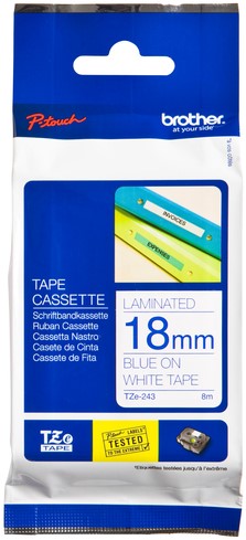 Brothertape TZE-243 18mm blauw op wit 