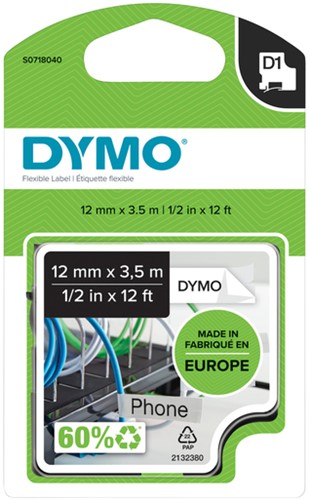 Dymotape D1 12mm nylon zwart op wit 16957