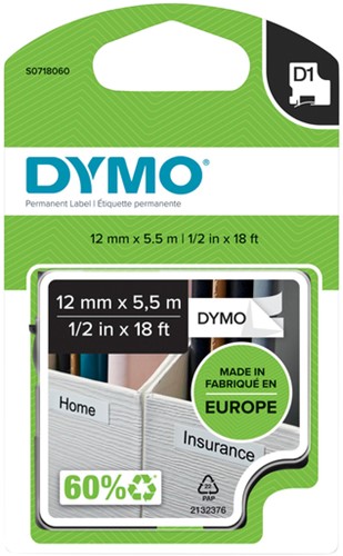 Dymotape D1 12mm zwart op wit Polyester 16959