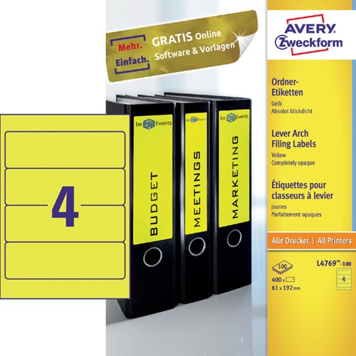Etiket ordner 192x61mm Avery L4761-100 geel 100vel