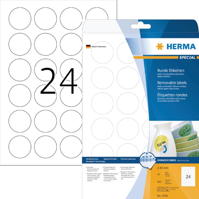 warmte Industrialiseren Huiskamer Etiket A4 rond 40mm Herma 5066 afneembaar pk/600 DEKAS 2021