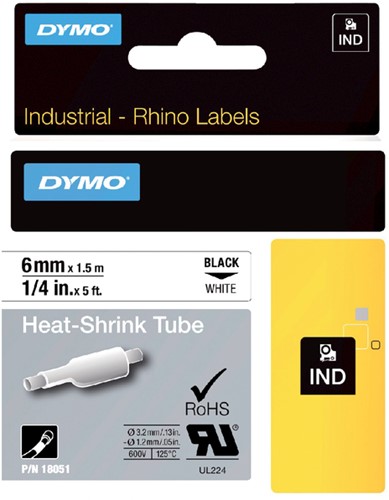 Dymotape Rhino Krimpkous  6mm zwart op wit 18051