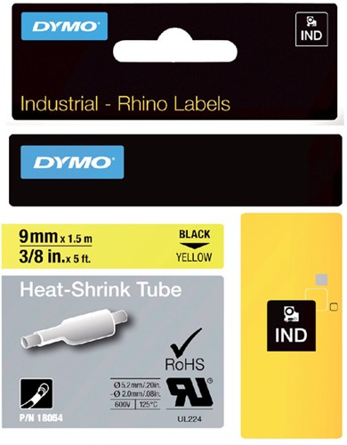Dymotape Rhino Krimpkous  9mm zwart op geel 18054