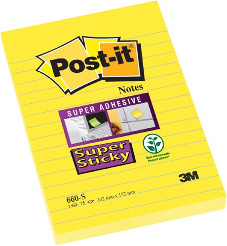 Post-it memoblokje 102x152mm 660S Super Sticky lijn geel blok/75