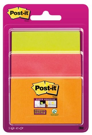 Post-it memoblokje  41x 76mm/76x76mm/76x101mm 3432-SS30 Super Sticky 3x45vel assorti