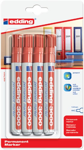 Viltstift edding 3000 rond rood 1.5-3mm blister pk/4