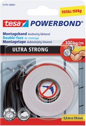 Plakband dubbelzijdig Tesa 19mmx1,5m ultra montage 100kg